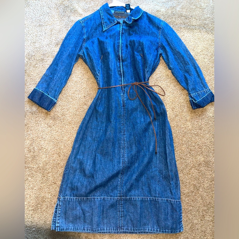 Dkny denim dress outfit quarter sleeve sinched waist leather tie womens Easter